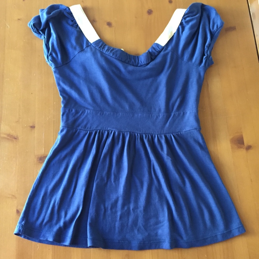 Anthro Ric Rac Blue Ribbon Puffy Sleeve Top - Picture 2 of 6